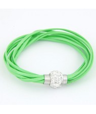 Rhinestone Inlaid Ball Shape Decoration Leather Bracelet - Green