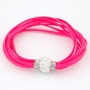 Rhinestone Inlaid Ball Shape Decoration Leather Bracelet - Rose