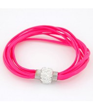 Rhinestone Inlaid Ball Shape Decoration Leather Bracelet - Rose