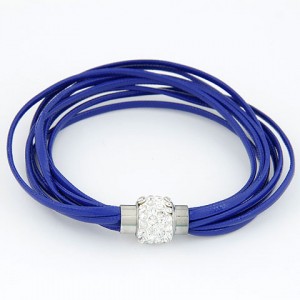 Rhinestone Inlaid Ball Shape Decoration Leather Bracelet - Blue