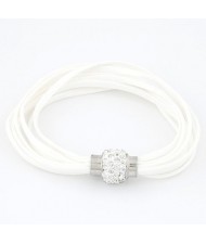 Rhinestone Inlaid Ball Shape Decoration Leather Bracelet - White