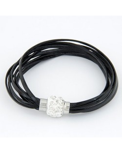 Rhinestone Inlaid Ball Shape Decoration Leather Bracelet - Black