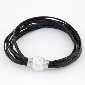 Rhinestone Inlaid Ball Shape Decoration Leather Bracelet - Black