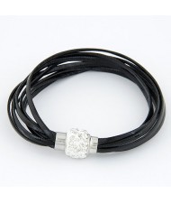 Rhinestone Inlaid Ball Shape Decoration Leather Bracelet - Black