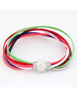 Rhinestone Inlaid Ball Shape Decoration Leather Bracelet - Multicolor