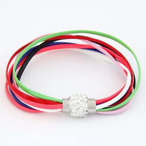 Rhinestone Inlaid Ball Shape Decoration Leather Bracelet - Multicolor