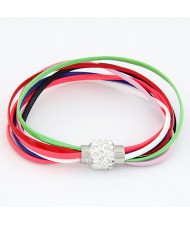 Rhinestone Inlaid Ball Shape Decoration Leather Bracelet - Multicolor