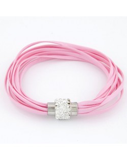 Rhinestone Inlaid Ball Shape Decoration Leather Bracelet - Pink