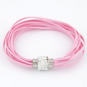 Rhinestone Inlaid Ball Shape Decoration Leather Bracelet - Pink