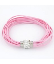 Rhinestone Inlaid Ball Shape Decoration Leather Bracelet - Pink