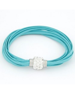 Rhinestone Inlaid Ball Shape Decoration Leather Bracelet - Sky Blue