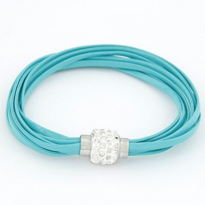 Rhinestone Inlaid Ball Shape Decoration Leather Bracelet - Sky Blue