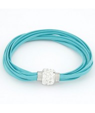 Rhinestone Inlaid Ball Shape Decoration Leather Bracelet - Sky Blue