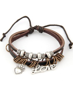 Dual Layer Design Peach Heart and Love Characters Pendants Leather Bracelet - Coffee