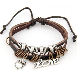 Dual Layer Design Peach Heart and Love Characters Pendants Leather Bracelet - Coffee