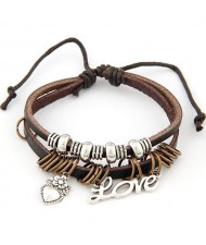 Dual Layer Design Peach Heart and Love Characters Pendants Leather Bracelet - Coffee