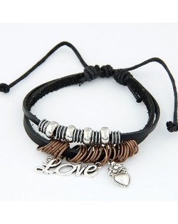 Dual Layer Design Peach Heart and Love Characters Pendants Leather Bracelet - Black