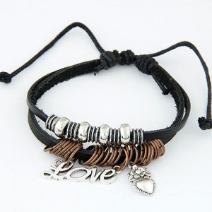 Dual Layer Design Peach Heart and Love Characters Pendants Leather Bracelet - Black