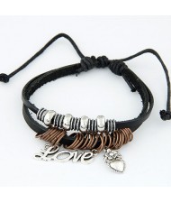 Dual Layer Design Peach Heart and Love Characters Pendants Leather Bracelet - Black