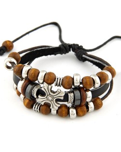 Triple-layer Wooden Beads with Metallic Cross Decoration Leather Bracelet - Black