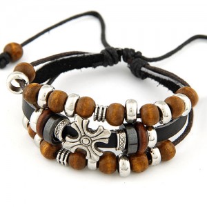 Triple-layer Wooden Beads with Metallic Cross Decoration Leather Bracelet - Black