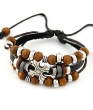Triple-layer Wooden Beads with Metallic Cross Decoration Leather Bracelet - Black