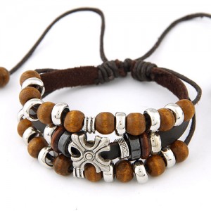 Triple-layer Wooden Beads with Metallic Cross Decoration Leather Bracelet - Coffee