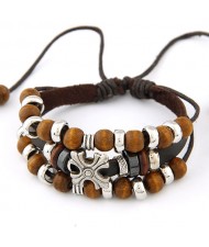 Triple-layer Wooden Beads with Metallic Cross Decoration Leather Bracelet - Coffee