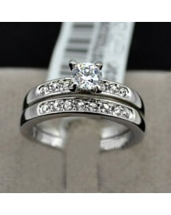 Cubic Zirconia Inlaid Four Claw Platinum Plated Combo Ring