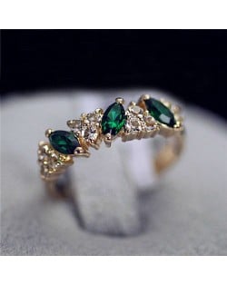 Olive Shape Austrian Crystal Embellished Rose Gold Ring - Green