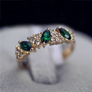 Olive Shape Austrian Crystal Embellished Rose Gold Ring - Green