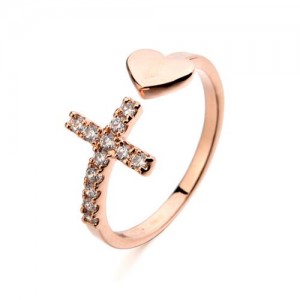 Delicate Cross with Rhinestone Inlaid Open-end Rose Gold Ring