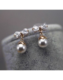 Korean Fashion Austrian Rhinestone Bow and Pearl Inlaid Rose Gold Earrings
