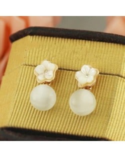 Beautiful Shell Flower and Pearl Pendant Rose Gold Earrings