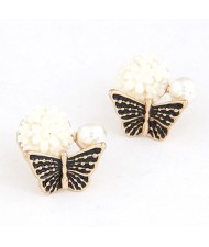 Sweet Butterfly Perched Floral Bud Ear Studs - Black