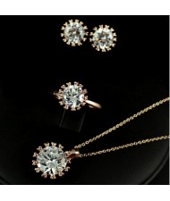 Zirconia Inlaid Snowflake Design Rose Gold Necklace Earrings and Ring Set 