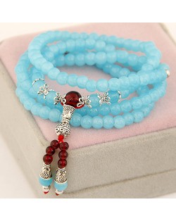 Multiple Layer Glass Beads with Silver Lucky Engravings Bracelet - Sky Blue