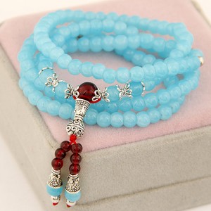 Multiple Layer Glass Beads with Silver Lucky Engravings Bracelet - Sky Blue