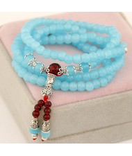 Multiple Layer Glass Beads with Silver Lucky Engravings Bracelet - Sky Blue