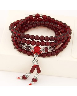 Multiple Layer Glass Beads with Silver Lucky Engravings Bracelet - Wine Red