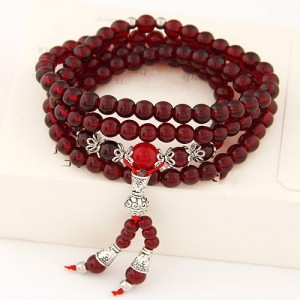Multiple Layer Glass Beads with Silver Lucky Engravings Bracelet - Wine Red
