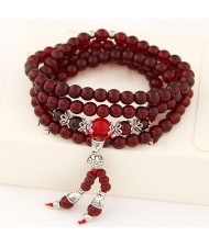 Multiple Layer Glass Beads with Silver Lucky Engravings Bracelet - Wine Red