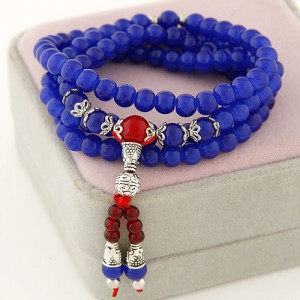 Multiple Layer Glass Beads with Silver Lucky Engravings Bracelet - Royal Blue