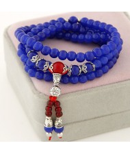 Multiple Layer Glass Beads with Silver Lucky Engravings Bracelet - Royal Blue