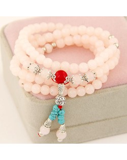 Multiple Layer Glass Beads with Silver Lucky Engravings Bracelet - Pink