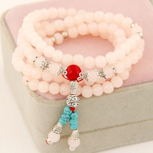 Multiple Layer Glass Beads with Silver Lucky Engravings Bracelet - Pink