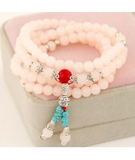 Multiple Layer Glass Beads with Silver Lucky Engravings Bracelet - Pink