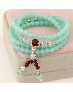 Multiple Layer Glass Beads with Silver Lucky Engravings Bracelet - Light Green