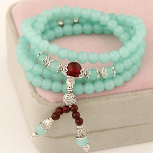 Multiple Layer Glass Beads with Silver Lucky Engravings Bracelet - Light Green