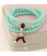 Multiple Layer Glass Beads with Silver Lucky Engravings Bracelet - Light Green